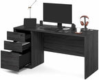 Furinno Roger 60 Inch Executive Desk with File Cabinet, Home Office Desk with 3-Drawer Fixed Pedestal Filing Cabinet, Desk Cord Grommet, for Home Office, Antique Grey - Image 3