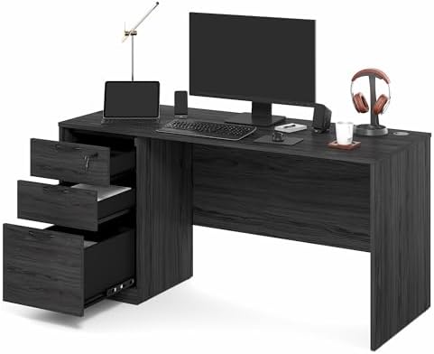 Furinno Roger 60 Inch Executive Desk with File Cabinet, Home Office Desk with 3-Drawer Fixed Pedestal Filing Cabinet, Desk Cord Grommet, for Home Office, Antique Grey - Image 3