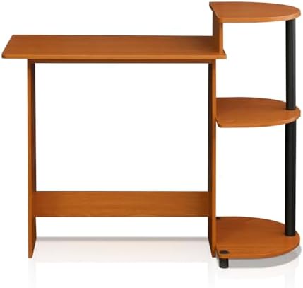 Furinno Compact Computer Desk with Shelves, Round Side, Light Cherry/Black - Image 6