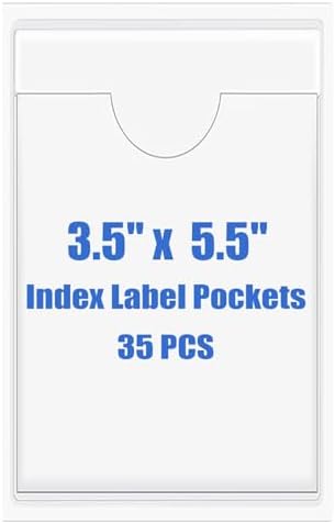 Origin-Joy 35 PCS Self Adhesive Index Card Pockets with Top Open, Clear Plastic Label Holder for Cards of Note, Library and Business, Adhesive Label Pockets & Card Holder (3.5 x 5.5 inch) by Origin-Joy