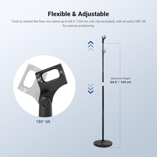 NEEWER Microphone Floor Stand, 3 Section Adjustable Detachable Mic Clamp Holder Mount with Weighted Base, Compatible with Blue Yeti HyperX QuadCast Shure SM58 Samson Q2U Fifine K669B, MS045 - Image 3