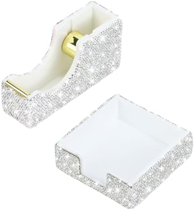 Buqoo 2 PCS Bling Crystal Handmade Diamond Sticky Note Holder and Tape Dispenser Office Supplies Dazzling Rhinestone Bling Desk Accessories for Women Office (Silver) by Buqoo