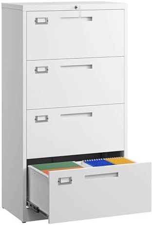 Letaya 4 Drawer File Cabinets with Lock,Metal Lateral Filing Storage Cabinet Printer Stand,White Steel Home Office Cabinet for Hanging Files Letter/Legal/A4 Size (White, H51.73×W28.35×D15.74) by LetayaMetalCabinets