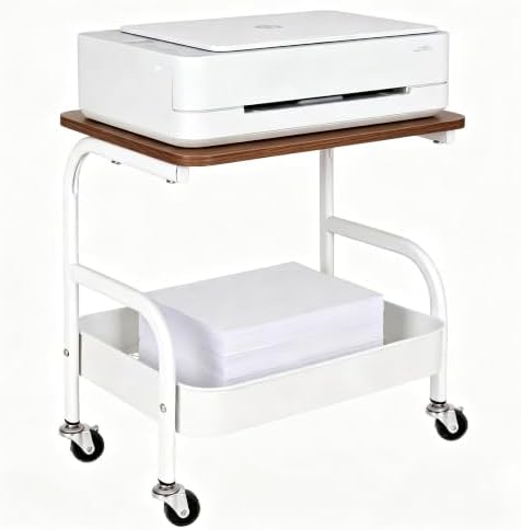 Under Desk Printer Stand with Storage 2 Tier Rolling Printer Cart with Wheels, Mobile Short Under Shelf Storage Small Rolling Table Cart for Home Office, White by Hijelyn