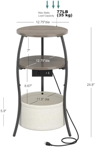 sthemc 3-Tier Small Round End Table Livingroom with Charging Station,Basket - Image 3