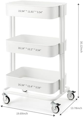 3 Tier Rolling Cart Metal Heavy Duty Utility Cart with Silent Caster Lockable Wheels Multi-Functional Organization Carts Storage Trolley with Mesh Shelves for Office Kitchen Living Room white - Image 2
