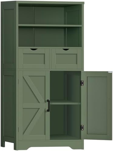TEENFON Bathroom Cabinet with Adjustable Shelf & 2 Drawers, Farmhouse Storage Cabinet with 2 Doors, Kitchen Storage Cabinets for Living Room, Entryway, Home Office, Forest Green by TEENFON