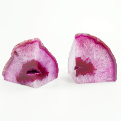 Natural Pink Dyed Agate Geode Bookends - 3 to 4 lb Heavy Duty Rock Crystal Stone Book Ends for Shelves, with Rubber Bumpers, Decorative Book Holders for Home Office - Image 2