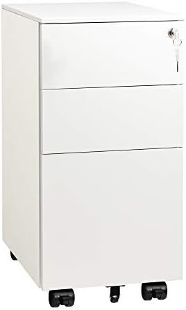 DEVAISE Slim File Cabinet with Lock, 3 Drawer Mobile Filing Cabinet for Legal/Letter/A4 Size, Fully Assembled Except Wheels, White by DEVAISE