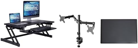 Rocelco 37.5" Deluxe Height Adjustable Standing Desk Converter with Dual Monitor Mount and Anti Fatigue Mat BUNDLE - Sit Stand Up Computer Workstation Riser - Keyboard Tray - Black (R DADRB-DM2-MAF) by Rocelco