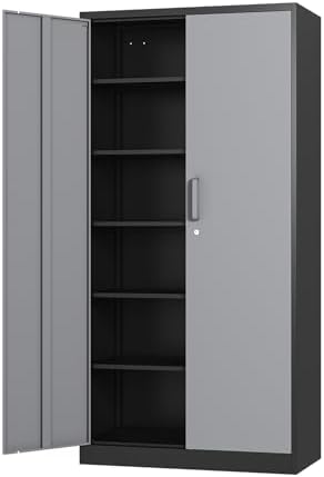 Fesbos Metal Cabinet Steel Storage Cabinet - 71” Tall File Cabinets with Lockable Doors and 5 Adjustable Shelves Black&Gray Steel Storage Cabinets for Home, School, Office, Garage by Fesbos