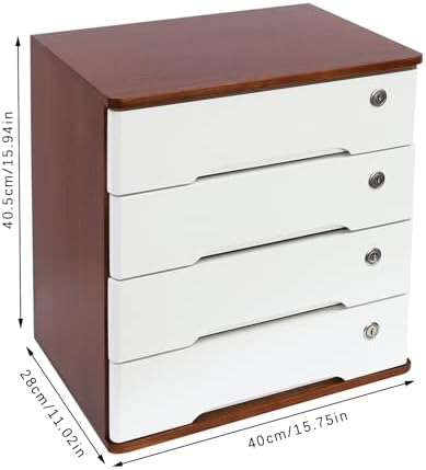Wood Desk Organizer with 4 Drawers, Lockable Desktop Countertop Storage Cabinet for Home Office Supplies File Tabletop Storage Box, 15.75" x 11.02" x 15.94" (Dark Brown + White) - Image 3