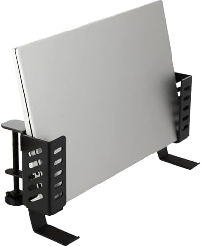 Side Desk Laptop Holder, Clamp On Desk Side Storage with Headphone Hook, Adjustable Metal Organizer, No Drill Vertical Stand for Notebook, Tablet, Magazines - Image 4