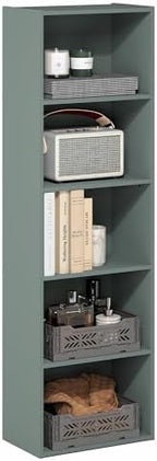 Furinno LUDER Book Shelf, 5-Tier Bookshelf, Bookcase with Open Shelves, 9.4 x 15.8 x 52, Easy Assembly, for Living Room, Bedroom, Home Office, Sage Green by Furinno-FitsYourSpaceFitsYourBudget