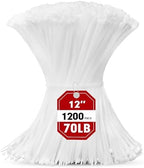 Zip Ties, RAZCC 1200pcs Cable Zip Ties 12 Inch, Heavy Duty White Plastic Wire Ties with 70lb Tensile Strength, Self-Locking Nylon Cable Ties, Wire Management for Indoor and Outdoor by RAZCC
