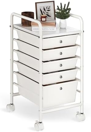 Rolling Storage Cart with Drawers 5-Tier Lock Wheels Office White by Shrivee