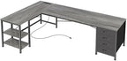 Huuger 63 Inch L Shaped Desk with Fabric Drawers, Reversible Computer Gaming Desk with Power Outlets and USB-C Port, Adjustable Side Storage Shelves, for Work Study Corner Home Office, Grey by Huuger
