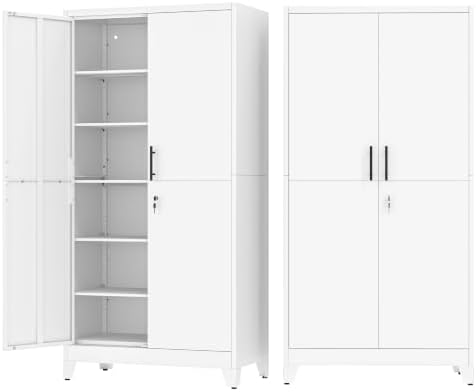 White Kitchen Pantry Cabinets,79 Metal Lockable Storage for Office by RISTERN