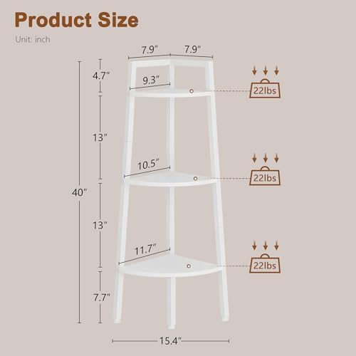Hoctieon Corner Shelf, 3-Tier 40" Tall Corner Bookshelf, Rustic Ladder Shelf, Industrial Display Stand for Living Room, Kitchen, Home Office, Balcony, Small Space, Metal Frame, White - Image 2