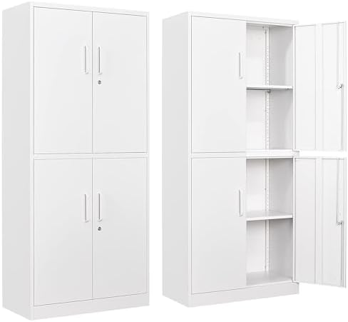 Metal Storage Cabinet with 3 Adjustable Shelves,Garage Storage Cabinet with Lock,White Metal Cabinets with Locking Doors,71" 4 Door Pantry Cabinet,Lockable Cabinets for Home,Office,Garage,Kitchen by SISESOL