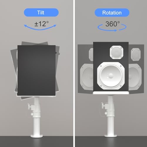 suptek Clamp-on Speaker Stand Desk Mount Set, Height Adjustment, Tilt, Swivel, 9.6 x 8.8 inch Trays, Universal Audio Holders for Computer and Bookshelf Speakers, Elevated Sound, 2 Pack, White, SDM001W - Image 2