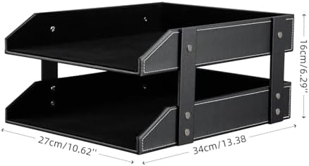 KINGFOM Letter Tray, Leather Paper Organizer Tray, Wooden Desk File Holder, Desktop File, Stackable Magazine Holder, Mail Sorter, Great for Home or Office - 2 Level Black - Image 3