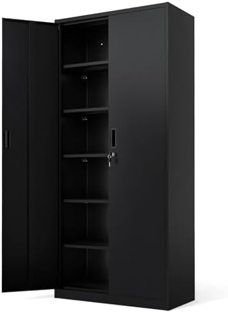 VINGLI Metal Garage Storage Cabinet with 2 Doors and 5 Adjustable Shelves, 71" Tall Steel Lockable File Cabinet, Locking Tool Cabinets for Home Office Garage Gym School (Black) by VINGLI