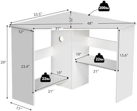 Tangkula White Corner Desk - 90 Degrees Triangle for Computer, Small Space, Bedroom, Makeup Vanity Desk with Storage Shelves & CPU Stand, Space Saving Writing Desk - Image 2