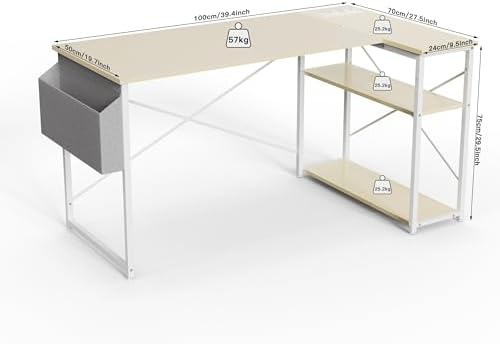 TIQLAB Small Computer Desk with Power Outlets, 40 Inch L Shaped Desk with Reversible Shelves, Gaming Desk Corner Desk Study Writing Table for Home Office Bedroom Living Room, Beige - Image 3