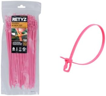 RETYZ 10-Inch Fluorescent Pink Reusable Releasable Cable Ties – 100 Pack, 50 lb Strength, Patented Quick-Release, Tool-Free Design for Home, Office, and Light Industrial Use by RETYZ