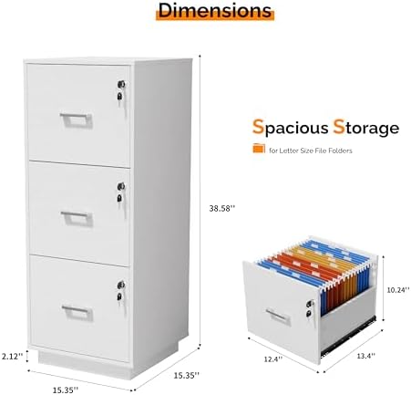 VINGLI 3 Drawer File Cabinet with Lock, Home Office Filing Organizer, for Letter Size File Folder Storage, Wood Tall Vertical Filing Cabinet, Printer Stand, Archivador (White) - Image 3