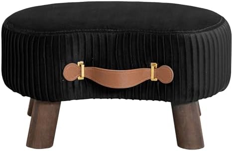 LUE BONA Small Curved Foot Stool with Handle, Black Velvet Footstool and Ottomans, Modern Foot Rest with Wooden Legs, Step Stool with Padded Seat for Couch, Living Room - Image 2