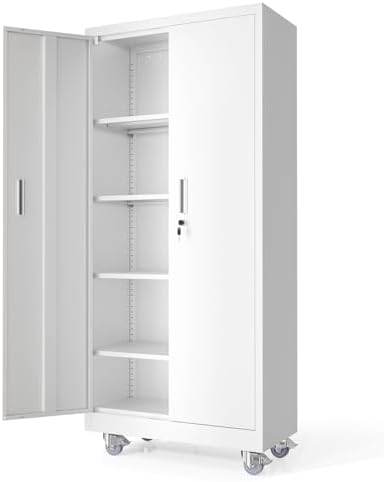 VINGLI Rolling Metal Storage Cabinet with Adjustable Shelves, 71'' Tall Garage Storage Cabinet with Wheels, Locking Tool Cabinets for Home Office Garage Gym School (White) by VINGLI