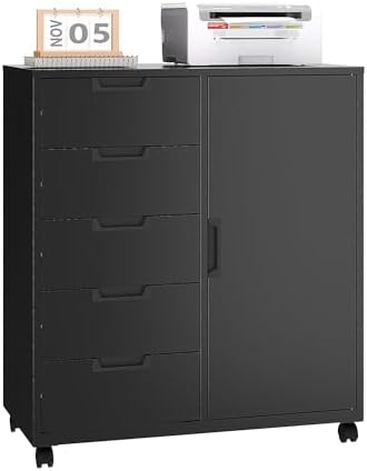 5 Drawer Metal Cabinet, Office Storage Cabinet w/Universal Wheels, Printer Stand with Storage Shelves, Rolling File Cabinets for Home Office(Black) by LISSIMO