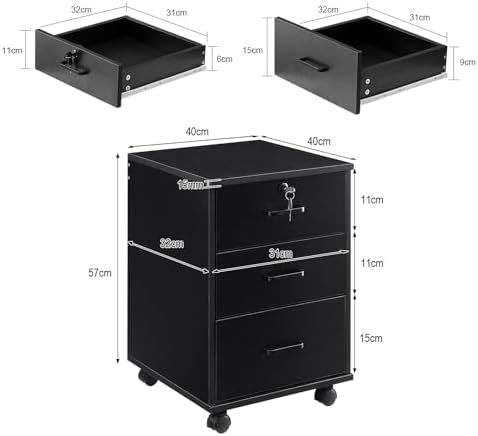 OFCASA 3 Drawer File Cabinet with Lock, Small Rolling Filing Cabinets for Home Office, Wooden Under Desk File Cabinet with Wheels, Mobile Storage Cabinet Printer Stand, for Letter/Legal/A4 Size, Black - Image 3