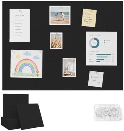 48" x 36" Large Felt Bulletin Board, Bold-Stripe 12-Pack Cork Boards | Fabric Bulletin Board with 60 Adhesive Tabs, 50 Pushpins, Felt Wall Tiles for Office Push Pin Board Felt Board, Black by Unknown