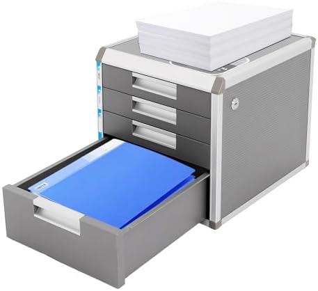 Desk Organizer with 4 Drawers, Metal Desktop Storage Cabinet File Holder with Locks and Keys, Filing Case Literature Organizer for Office Home, L12.4*D13.8*H11.7in, Silver & Grey by Unknown