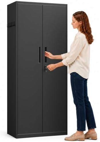 71" Metal Storage Cabinet, Locking Garage Storage Cabinet with Doors and 5 Adjustable Shelves, Tall Black Cabinet for Office, Garage, School by Unknown