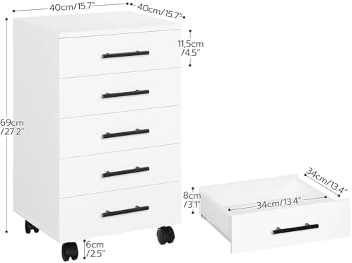 HOOBRO 5-Drawer File Cabinet, Office Filing Cabinet with Drawers, Wooden Mobile Storage Cabinet with Wheels, for Makeup, Home Office, Easy Assembly, White WT05WJ01G1 - Image 3
