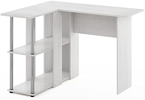 Furinno Abbott L-Shape Desk with Bookshelf, White Oak/Chrome - Image 5