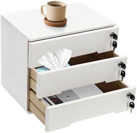 Wooden Desk Organizer with Lockable Drawers, 3-Tier Countertop Storage Cabinet File Cabinet Jewelry Organizer Home Office Supplies Organization Unit (White-3 Lock) by LEYSRIS