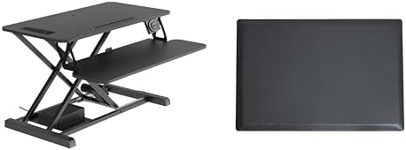 Rocelco 37.4" Electric Standing Desk Converter with Anti-Fatigue Floor Mat - AC USB Charger - Motorized Adjustable Sit Stand Up Computer Workstation Riser - Large Keyboard Tray - Black (R EDRB-MAFM) by Rocelco