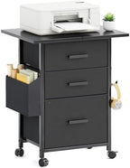 Mexin 3 Drawer File Cabinet with 22'' Extended Desktop, Mobile Filing Cabinet, Printer Stand, Rolling Printer Stand with Side Bag, Fabric Drawer, Fits A4 Size, Home Office, Black by Mexin
