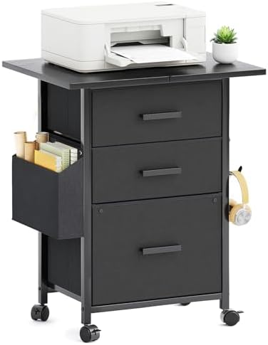 Mexin 3 Drawer File Cabinet with 22'' Extended Desktop, Mobile Filing Cabinet, Printer Stand, Rolling Printer Stand with Side Bag, Fabric Drawer, Fits A4 Size, Home Office, Black by Mexin