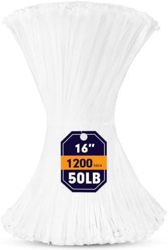Zip Ties, RAZCC 1200pcs White Cable Zip Ties 16 Inch, Heavy Duty Plastic Wire Ties with 50lb Tensile Strength, Self-Locking White Nylon Tie Wraps for Indoor and Outdoor by RAZCC