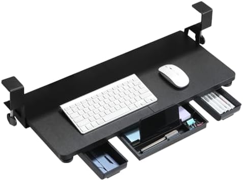 Keyboard Tray Under Desk with Drawer,26.77" X 11.81" Keyboard Tray Large Size with C Clamp-on Mount, Easy to Install, Save Space for Office Desk (Black) by TECLUCK
