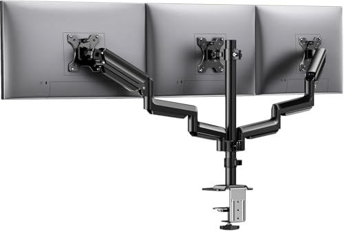 HUANUO Triple Monitor Mount for 13-27 inch Computer Screens, Gaming 3 Monitor Desk Mount with Arm Holds 19.8lbs, Triple Monitors Stand with Tilt, Swivel, Rotation, VESA 75x75, 100x100mm by HUANUO