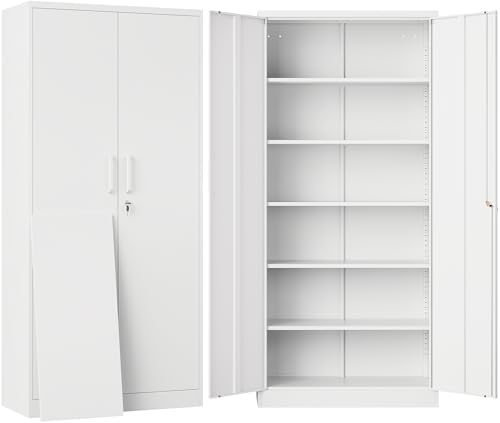 SISESOL Metal Storage Storage Cabinet with 5 Adjustable Shelves,White Metal Cabinet with Locking Doors,Steel Pantry Cabinet with Lock,71" Lockable Storage Cabinet for Home,Office,Garage,Kitchen,Shop by SISESOL