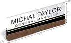 Artblox Personalized Office Desk Name Plate and Business Card Holder | Clear Acrylic Glass with Teak Wood Stand | Black Stripe Design Customized with Your Name and Credentials Office Desk Decor - Image 3
