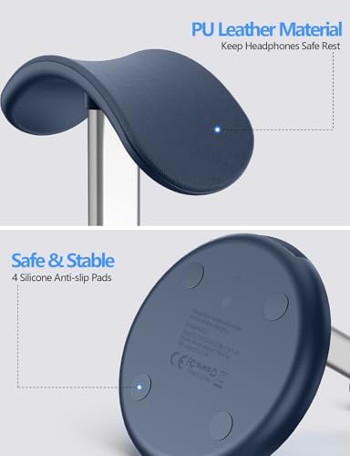 Miroddi Headphone Stand with Wireless Charger, Independent USB Charging Port, 5 in 1 Charging Station Headset Holder Rack for iWatch, iPhone, Samsung and Desk All Headphones, Dark Blue - Image 4